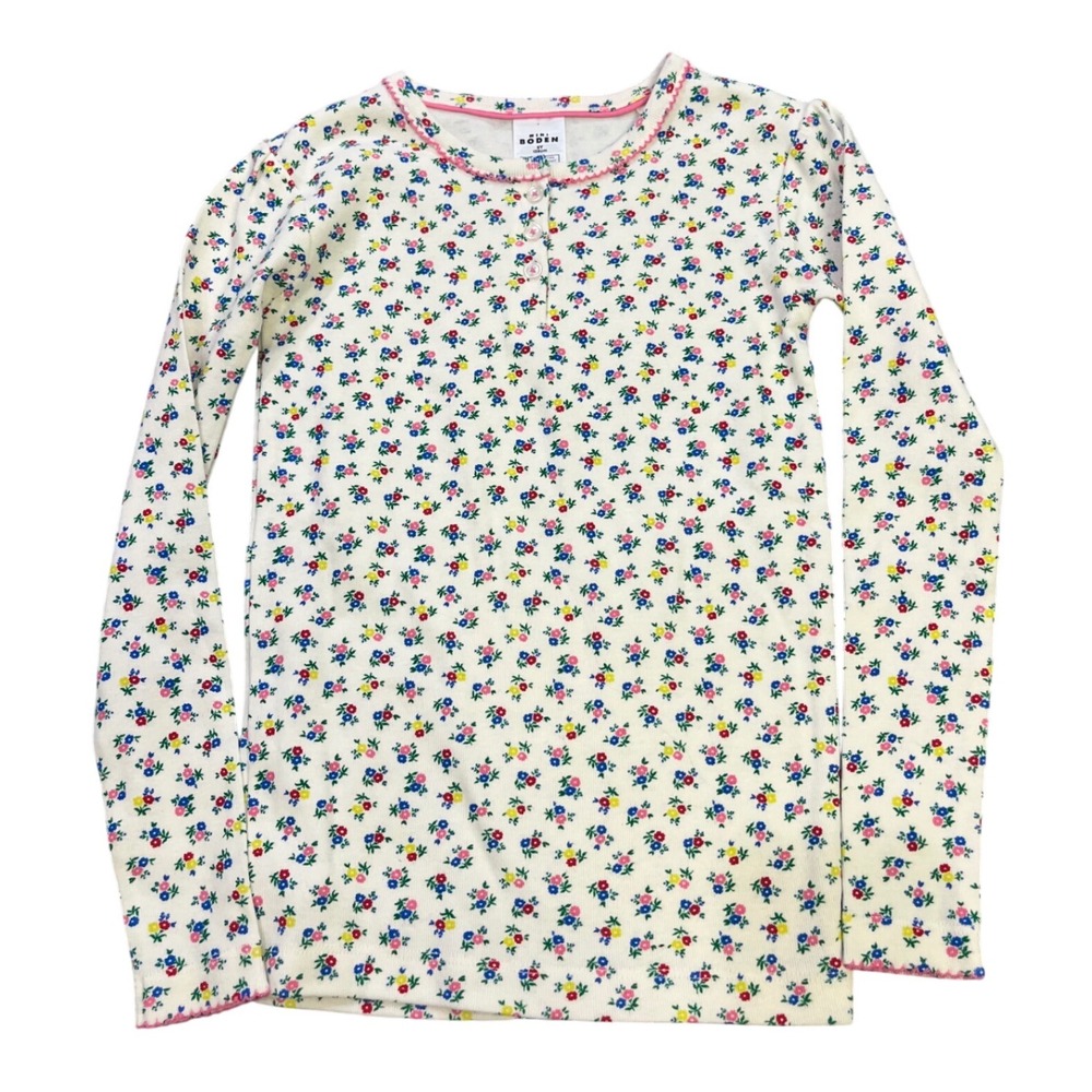 Mini Boden Girls Ivory Floral Ribbed Henley Long Sleeve Pajama Top Size 8Y 128cm